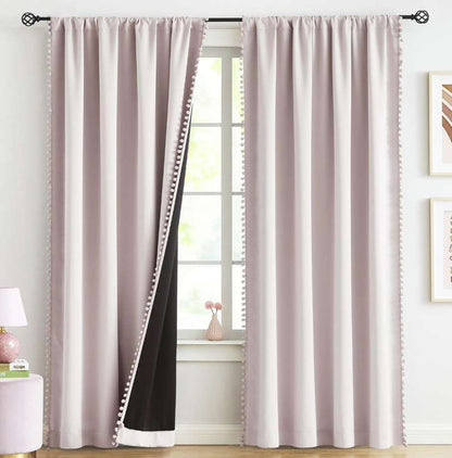 Pink Pom Pom Trim Full Blackout Curtains;  4 panels, each 84 inch x 52 inch