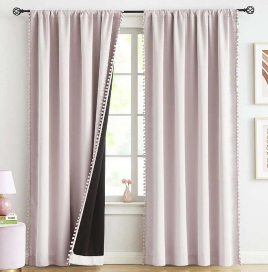 Pink Pom Pom Trim Full Blackout Curtains;  4 panels, each 84 inch x 52 inch