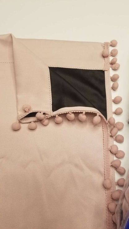 Pink Pom Pom Trim Full Blackout Curtains;  4 panels, each 84 inch x 52 inch