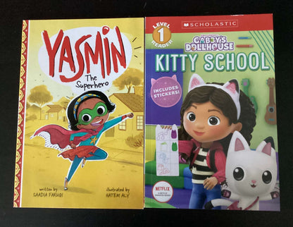 Easy Readers: Yasmin The Superhero by Saadia Faruqi & Gabby's Dollhouse: Kitty School  (Bundle of 2)