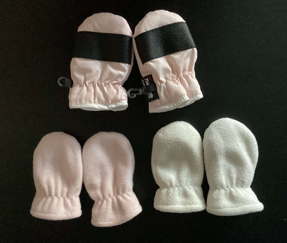 Bundle of 3 Mittens: Baby Gap Fleece White & Pink, 3M Thinsulate Mittens (0-12 months), Kids 12 Month (9-12M)