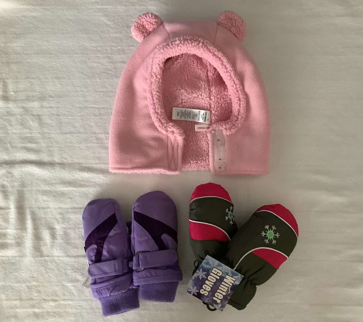 Bundle of 3 Items: Joe Fresh Face Fleece Toque, 2 Pairs of Mittens. Read description for sizes: 12 months-2 years, Kids 24 Month (18-24M)