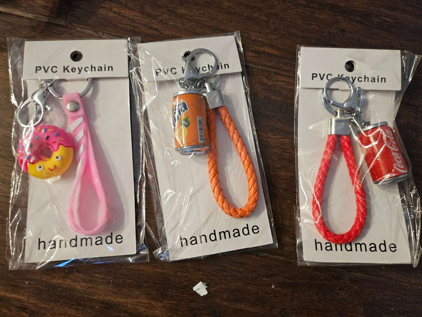 Lot of 3 Mini Soda Can & Donut Keychains NIP | Coca-Cola Fanta Cute Bag Charms