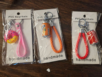 Lot of 3 Mini Soda Can & Donut Keychains NIP | Coca-Cola Fanta Cute Bag Charms