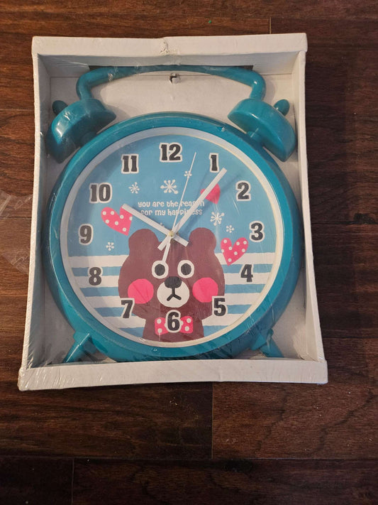 Large Wall Cute Teal Blue Brown Bear Twin Bell Style Alarm Clock in Box | New Sealed