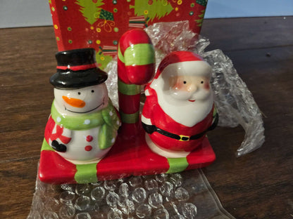 Christmas Santa & Snowman Ceramic Salt and Pepper Shakers Set with Candy Cane Base