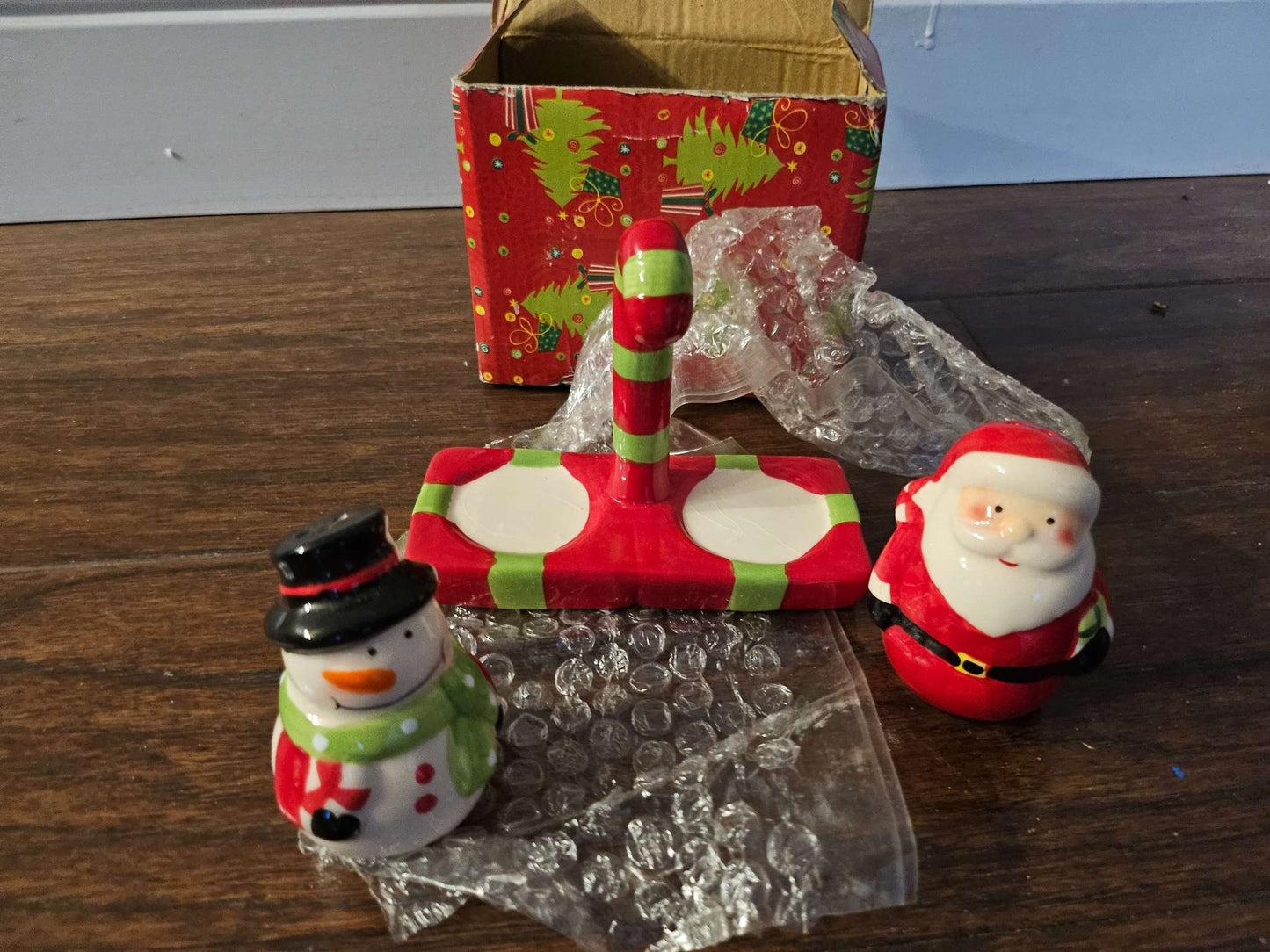 Christmas Santa & Snowman Ceramic Salt and Pepper Shakers Set with Candy Cane Base