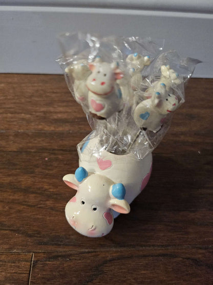 Cute Ceramic Cow Appetizer Party Pick Set with Base Holder | Charcuterie Cocktail Forks