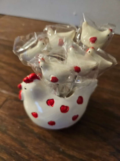 Country Farmhouse Ceramic Chicken Hen Appetizer Pick Set with Base Holder