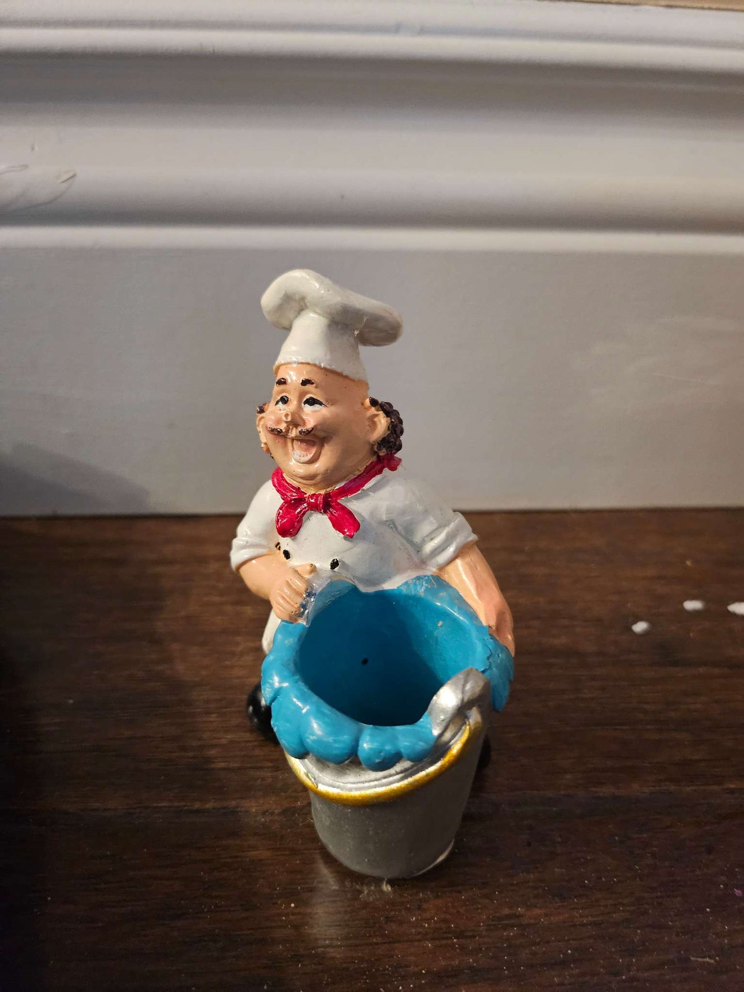 Vintage French Chef Figurine Toothpick Holder | Resin Chubby Chef Bucket Figurine