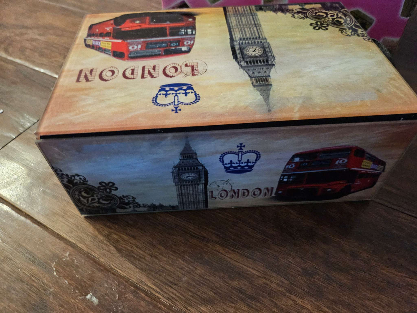 Vintage London Souvenir Glass Jewelry Box | Big Ben & Red Double Decker Bus Keepsake Chest