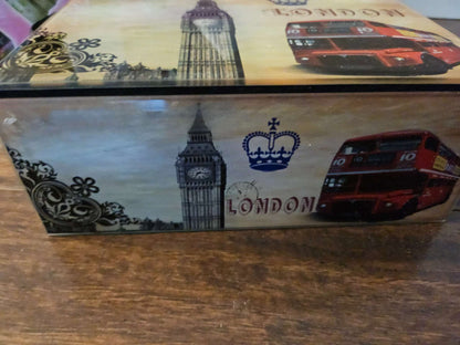 Vintage London Souvenir Glass Jewelry Box | Big Ben & Red Double Decker Bus Keepsake Chest