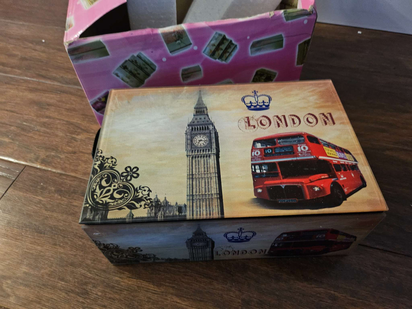 Vintage London Souvenir Glass Jewelry Box | Big Ben & Red Double Decker Bus Keepsake Chest
