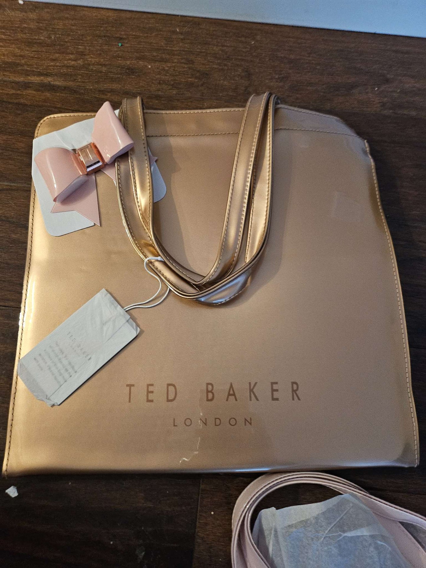 Ted Baker London Metallic Rose Gold Vinyl Tote Bag NWT | Large Bow Shopper Bag