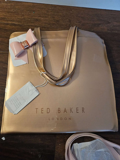 Ted Baker London Metallic Rose Gold Vinyl Tote Bag NWT | Large Bow Shopper Bag