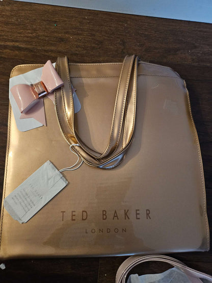 Ted Baker London Metallic Rose Gold Vinyl Tote Bag NWT | Large Bow Shopper Bag
