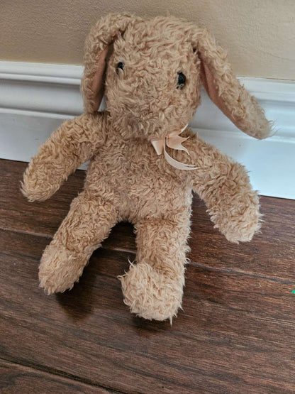 Vintage Curly Tan Plush Lop Eared Bunny Rabbit | Stuffed Animal Plushie with Ribbon