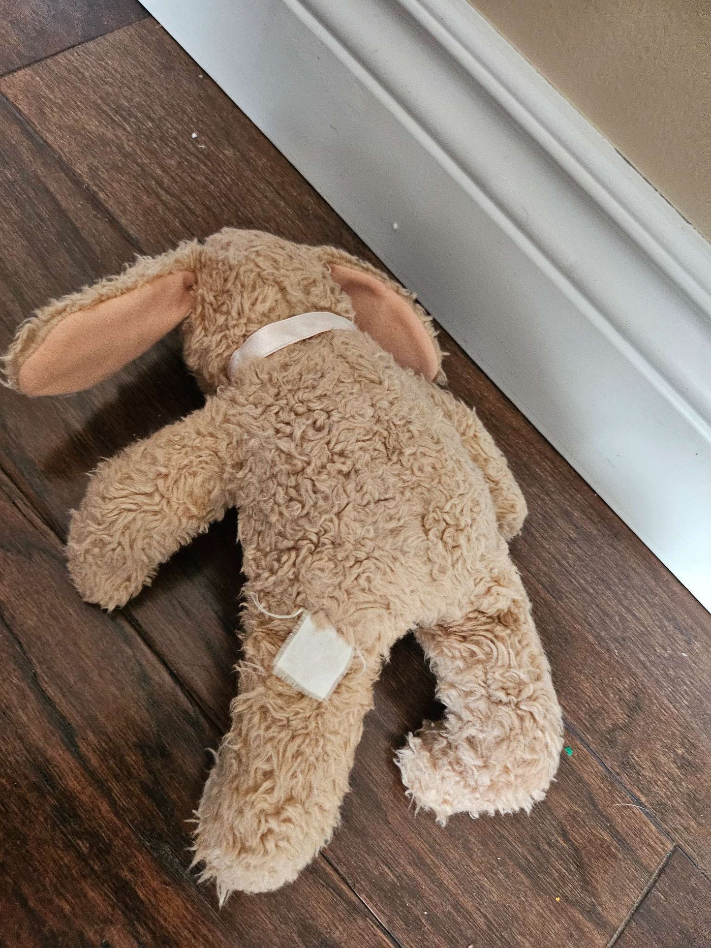 Vintage Curly Tan Plush Lop Eared Bunny Rabbit | Stuffed Animal Plushie with Ribbon