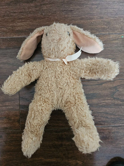 Vintage Curly Tan Plush Lop Eared Bunny Rabbit | Stuffed Animal Plushie with Ribbon