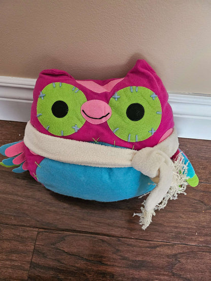 Plush Pink & Blue Owl Decorative Pillow Cushion | Winter Owl with Scarf