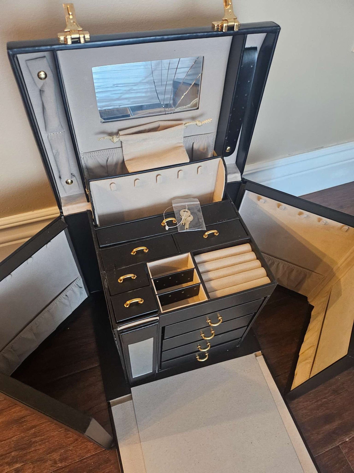 Large Black Jewelry Trunk with Gold Hardware