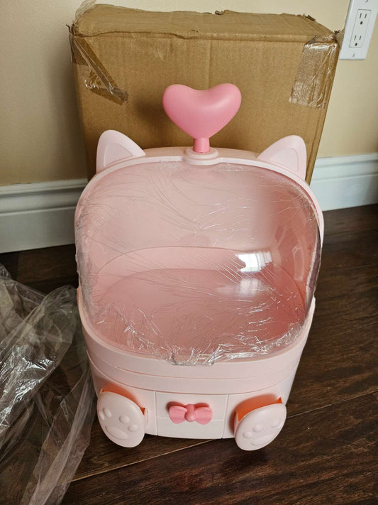 Kawaii Pink Cat Makeup Organizer Box | Clear Dome Storage Case with Drawers & Heart Handle