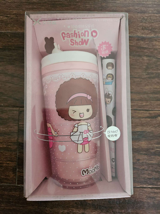 Kawaii Pink "Fashion Show" 360° Rotating Tumbler Gift Set | Cute Travel Cup NIB