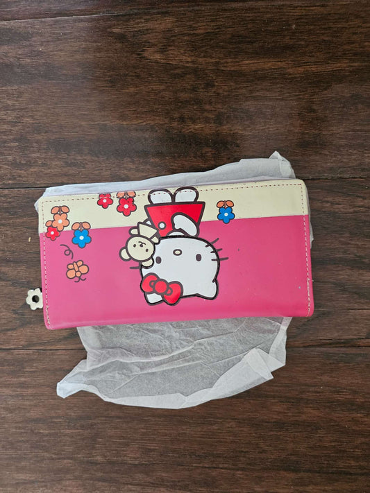 Hello Kitty Pink & White Floral Teddy Bear Long Zip Wallet NWT / New