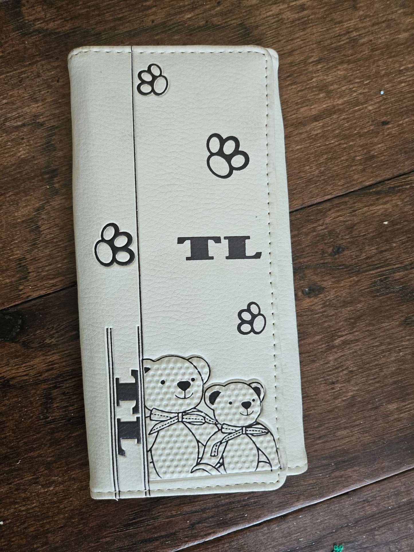 Cute Teddy Bear Paw Print Long Wallet | Cream Faux Leather Clutch Pouch