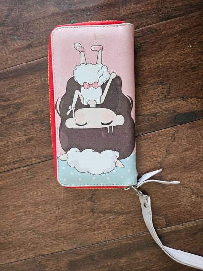 Cute Graphic Girl Zip-Around Wristlet Purse | Pastel Pink Long Phone Wallet