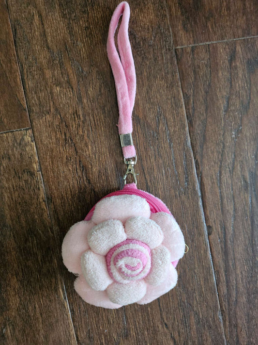 Pink Plush Flower Coin Purse | Soft Plushie Wristlet Pouch