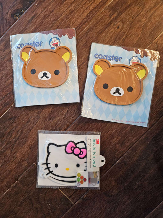 Set of 3 Sanrio Hello Kitty & Rilakkuma Bear Cute Silicone Coasters