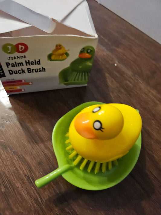 Palm Held Duck Scrub Brush with Leaf Tray NIB | Yellow Rubber Duckie Kitchen Scrubber