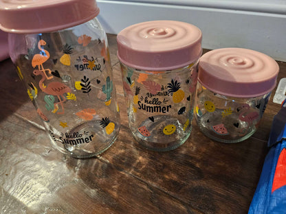 Set of 3 Tropical Glass Canister Jars with Dusty Pink Lids | Hello Summer Theme
