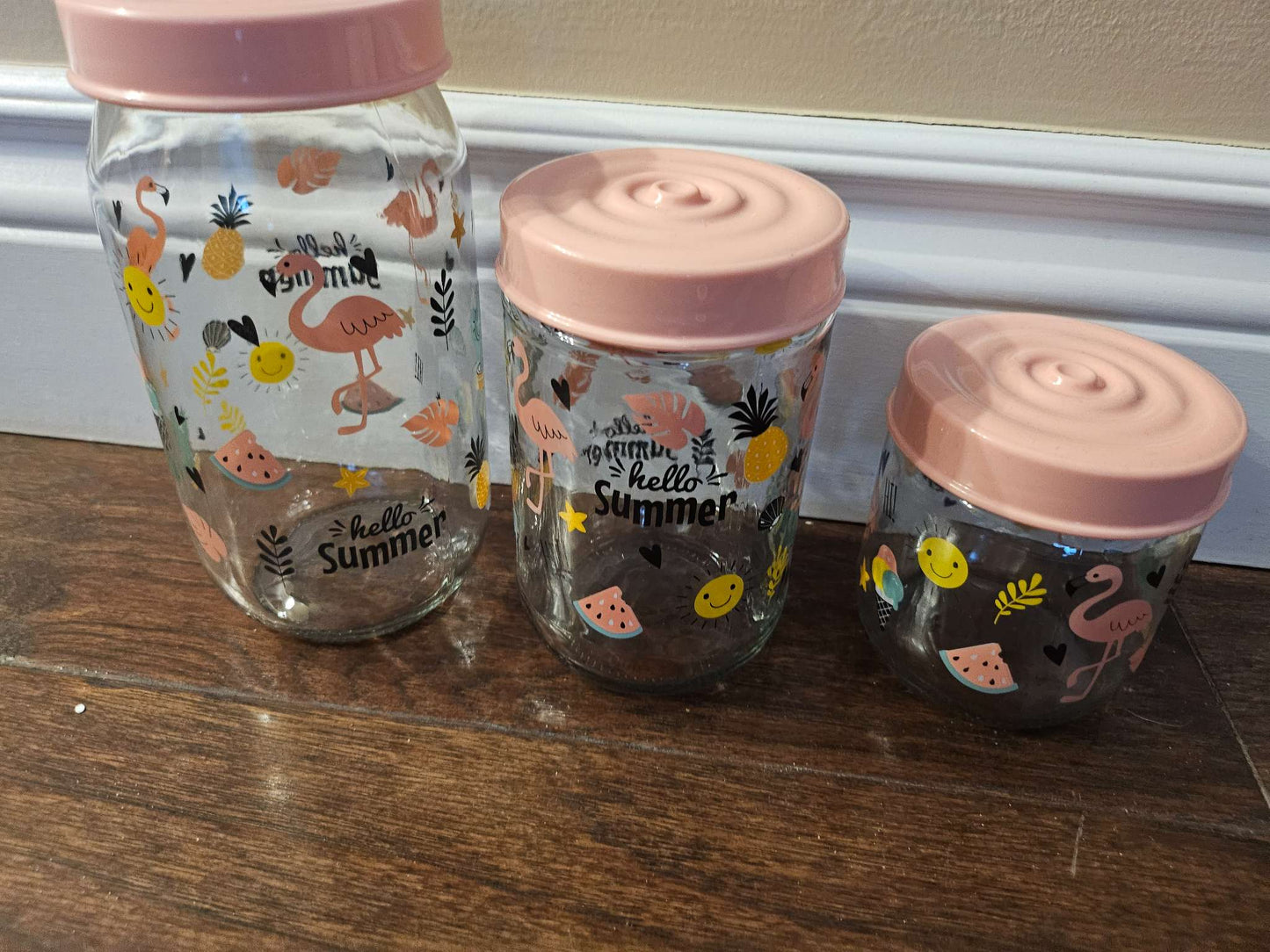 Set of 3 Tropical Glass Canister Jars with Dusty Pink Lids | Hello Summer Theme