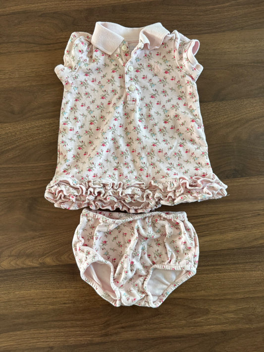 Ralph Lauren Pink Flower Dress/Bummies, 6-9M, Kids 9 Month (6-9M)