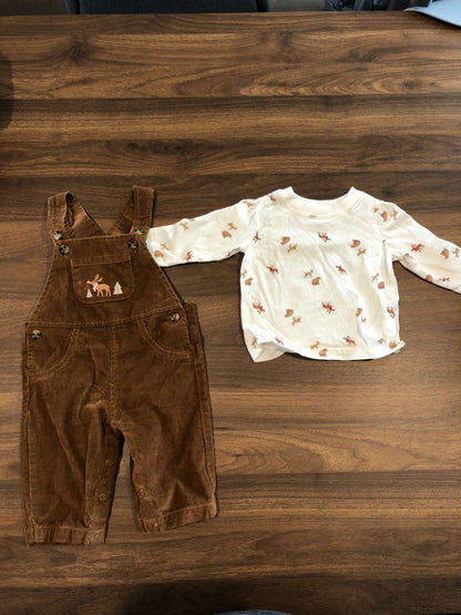 Carter's Moose Print Long Sleeve Shirt and Corduroy Overalls Outfit Set, 3-6M, Kids 6 Month (3-6M)
