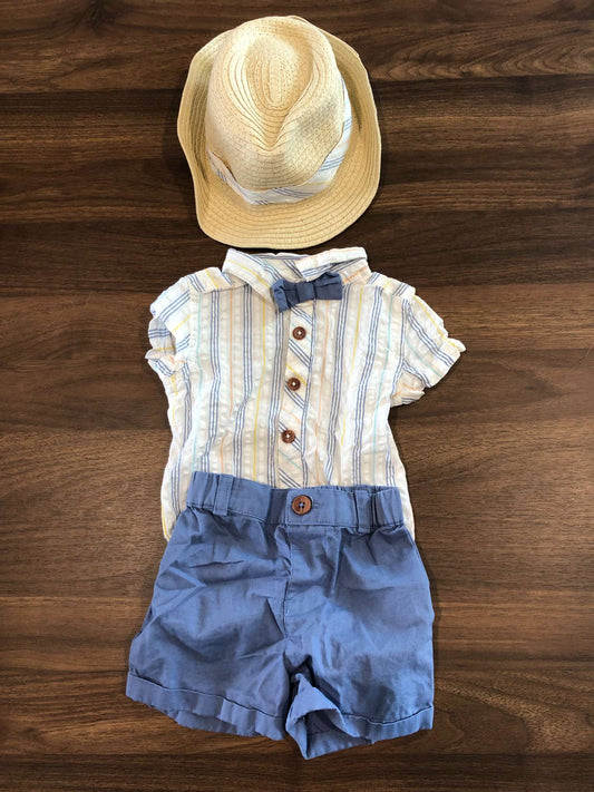 Baby Boy Summer/Vacation Outfit Set, Short Sleeve Bodysuit, Shorts & Hat, 3-6M, Kids 6 Month (3-6M)