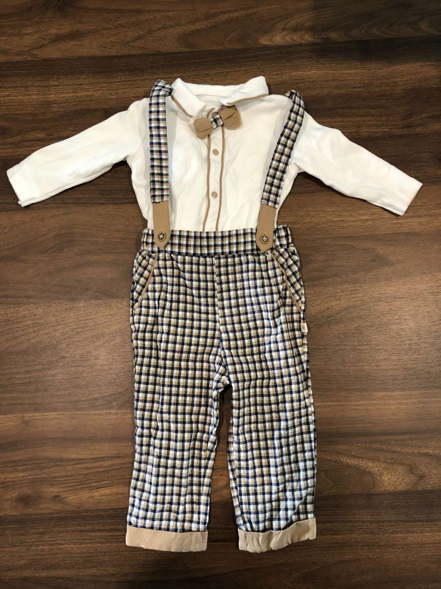 Baby Boy Outfit Set, Bowtie with long sleeve button up and overalls, 12M, Kids 12 Month (9-12M)