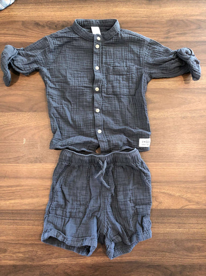 H&M Toddler Boy Cotton Muslin Outfit Set, Short sleeve button up and shorts, Dark grey, 12-18M, Kids 18 Month (12-18M)