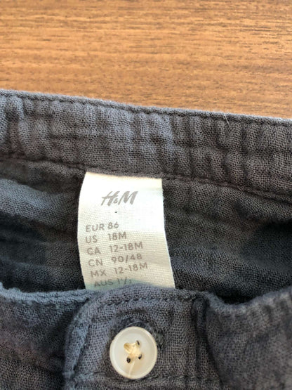 H&M Toddler Boy Cotton Muslin Outfit Set, Short sleeve button up and shorts, Dark grey, 12-18M, Kids 18 Month (12-18M)