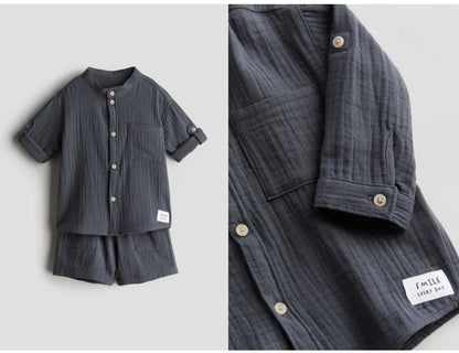H&M Toddler Boy Cotton Muslin Outfit Set, Short sleeve button up and shorts, Dark grey, 12-18M, Kids 18 Month (12-18M)