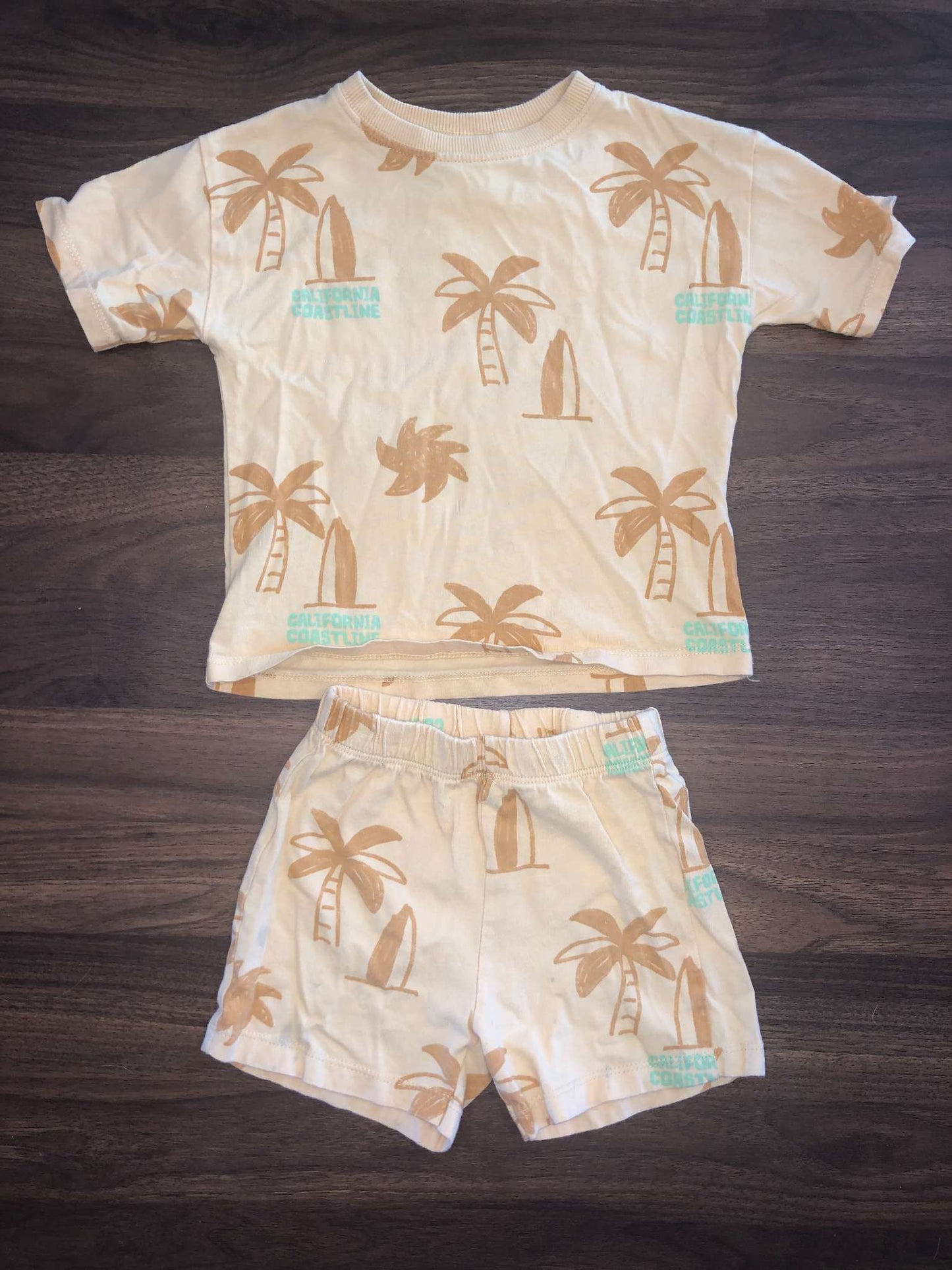 Zara Toddler Boy Outfit Set, Orange Palm Tree Print, Short Sleeve Shirt & Shorts, 12-18M, Kids 18 Month (12-18M)