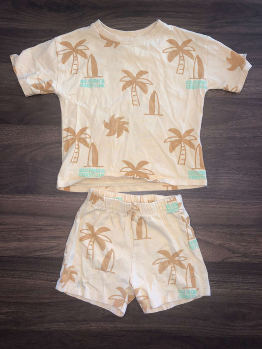 Zara Toddler Boy Outfit Set, Orange Palm Tree Print, Short Sleeve Shirt & Shorts, 12-18M, Kids 18 Month (12-18M)