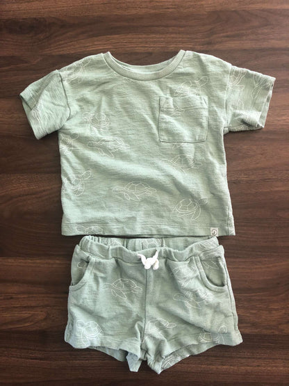 Little Planet Toddler Boy Green Turtle Print Outfit Set, Short Sleeve Shirt and Shorts, 18M, Kids 18 Month (12-18M)