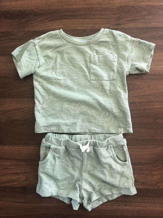 Little Planet Toddler Boy Green Turtle Print Outfit Set, Short Sleeve Shirt and Shorts, 18M, Kids 18 Month (12-18M)