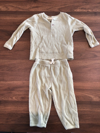 Joe Fresh Green Waffle Outfit Set, Long Sleeve Henley and Pants, 18-24M, Kids 24 Month (18-24M)