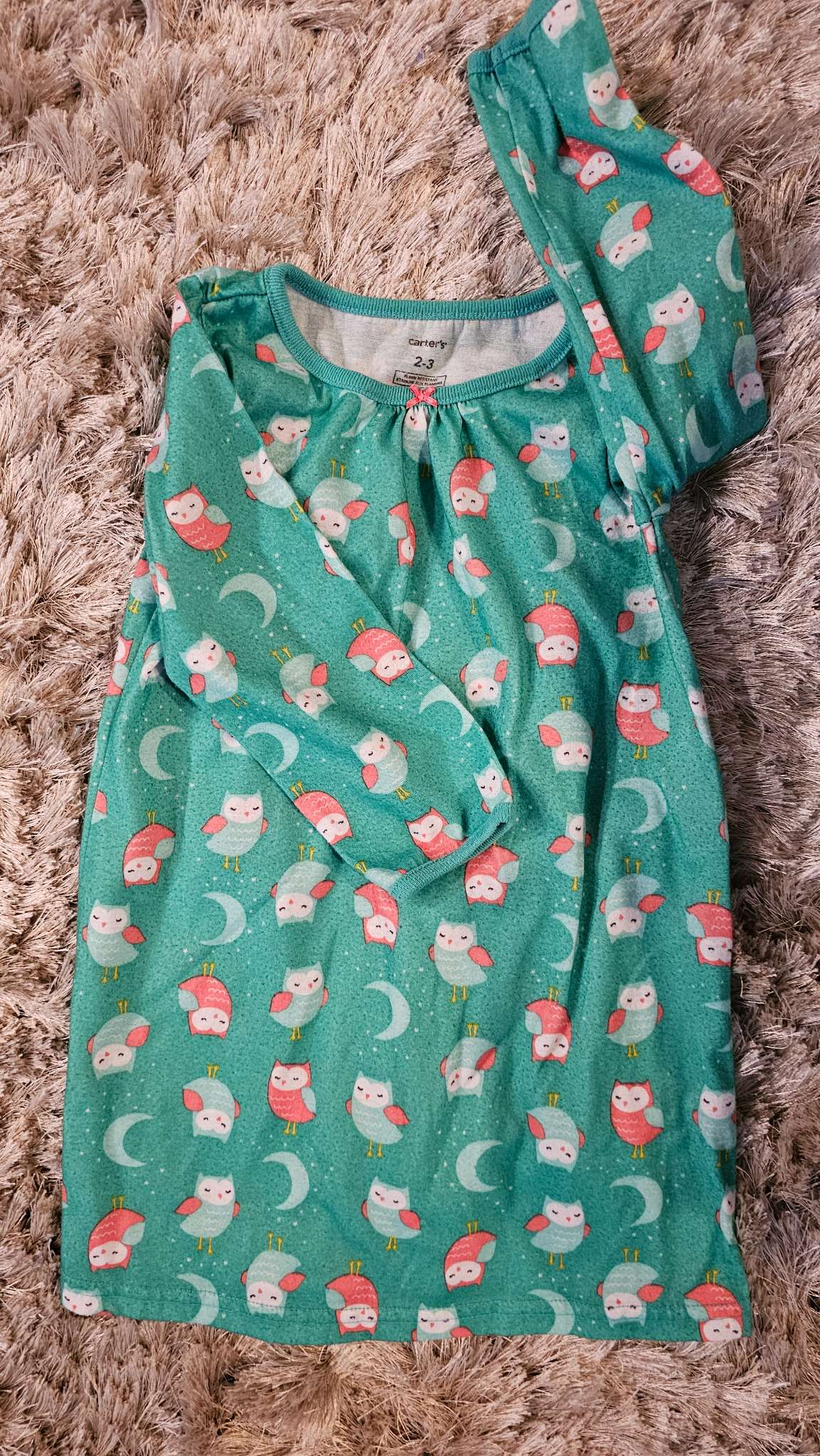 Carter's Girls Green Owl PJ Dress – size 2, Kids 2T
