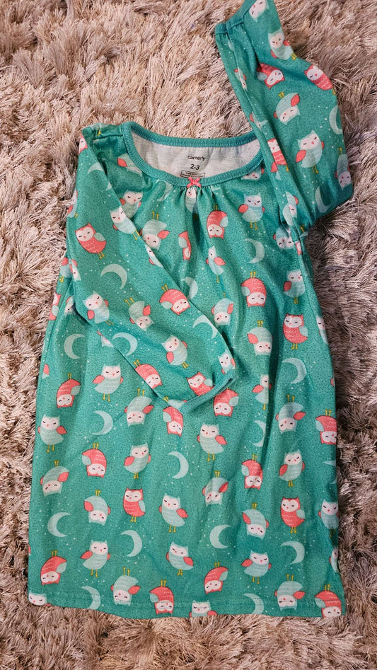 Carter's Girls Green Owl PJ Dress – size 2, Kids 2T