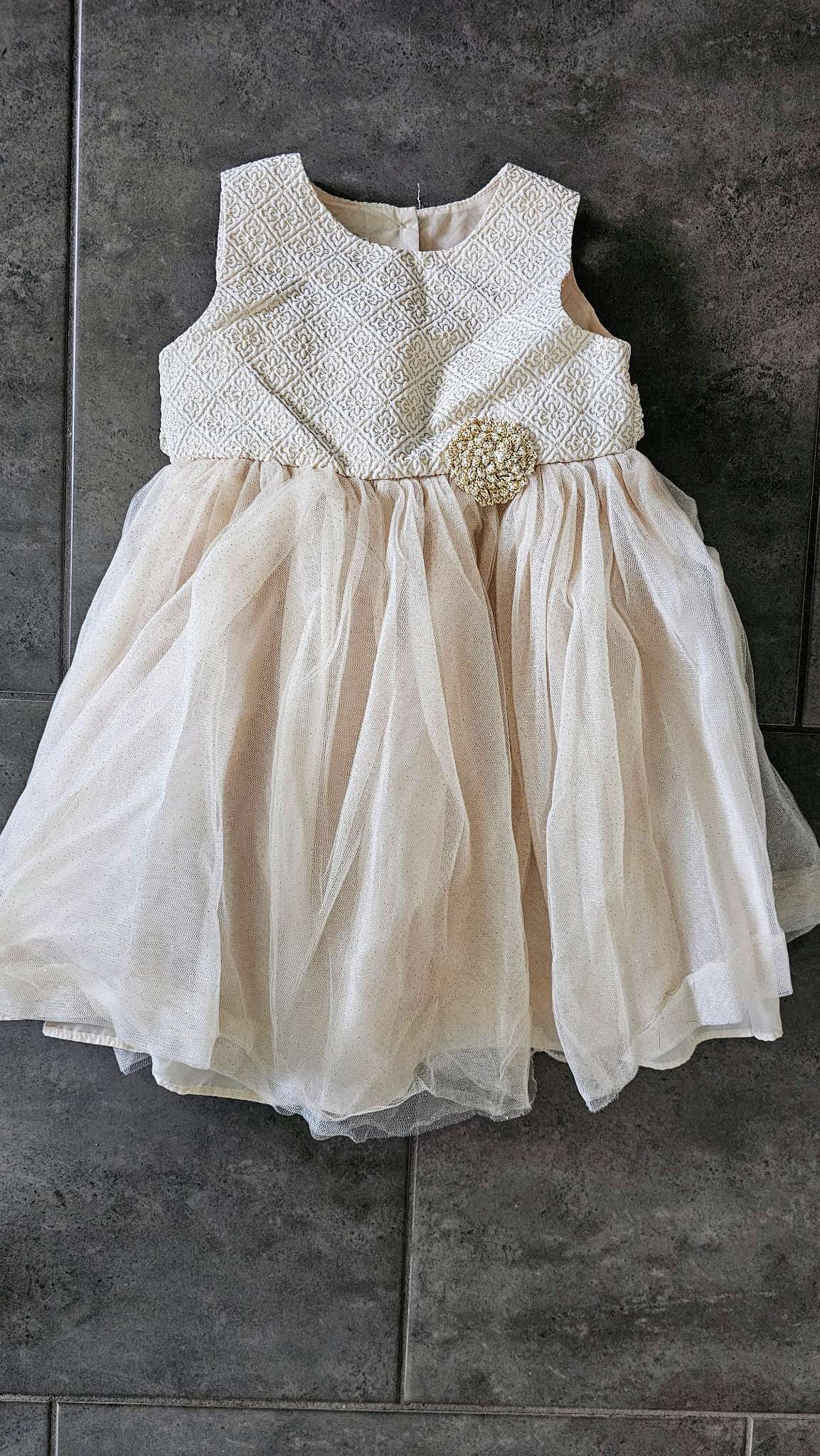 Marmellata Cream Tulle Party Dress with Beaded Flower – (Size 2), Kids 2T